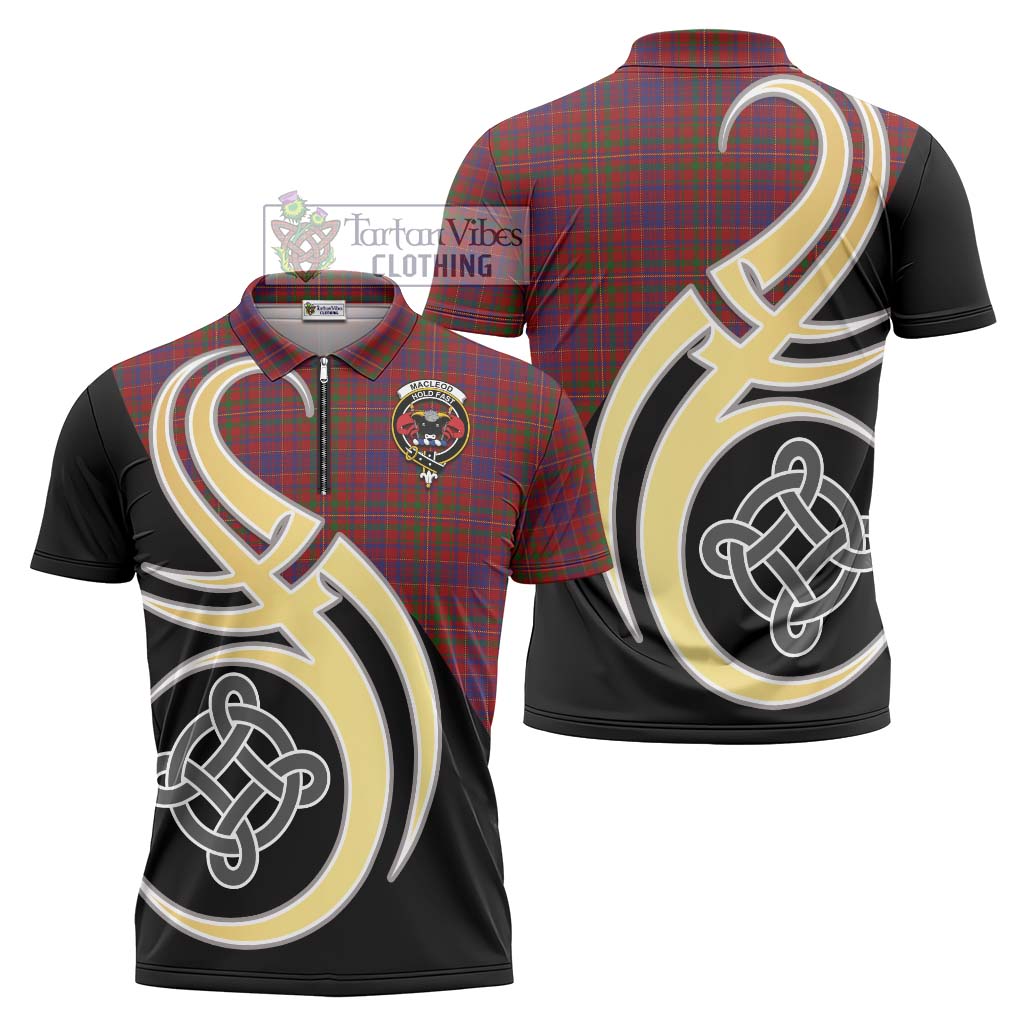 Tartan Vibes Clothing MacLeod Red Tartan Zipper Polo Shirt with Family Crest and Celtic Symbol Style