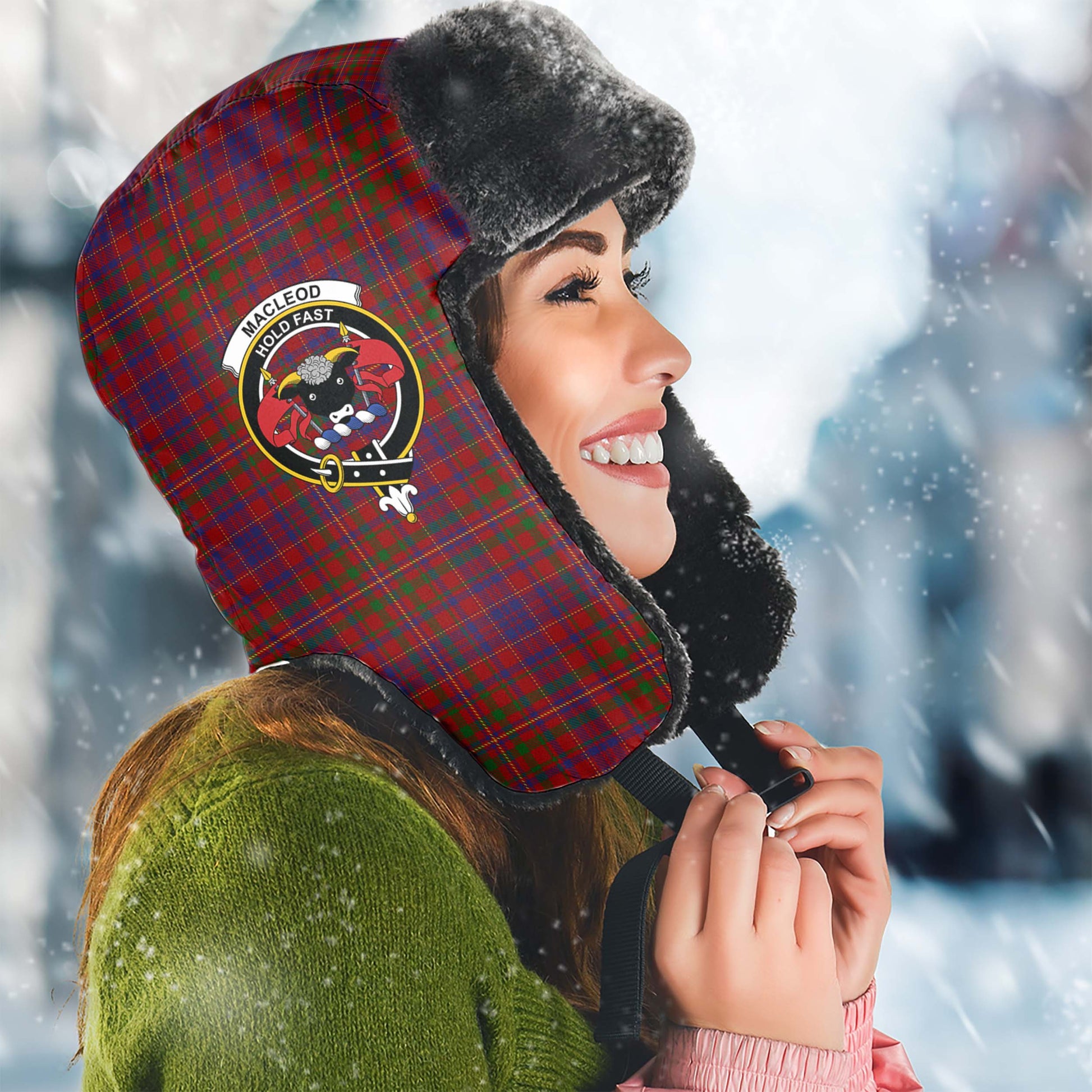 MacLeod Red Tartan Winter Trapper Hat with Family Crest Winter Trapper Hat Universal Fit Circumference 22.8in (58cm) - Tartanvibesclothing