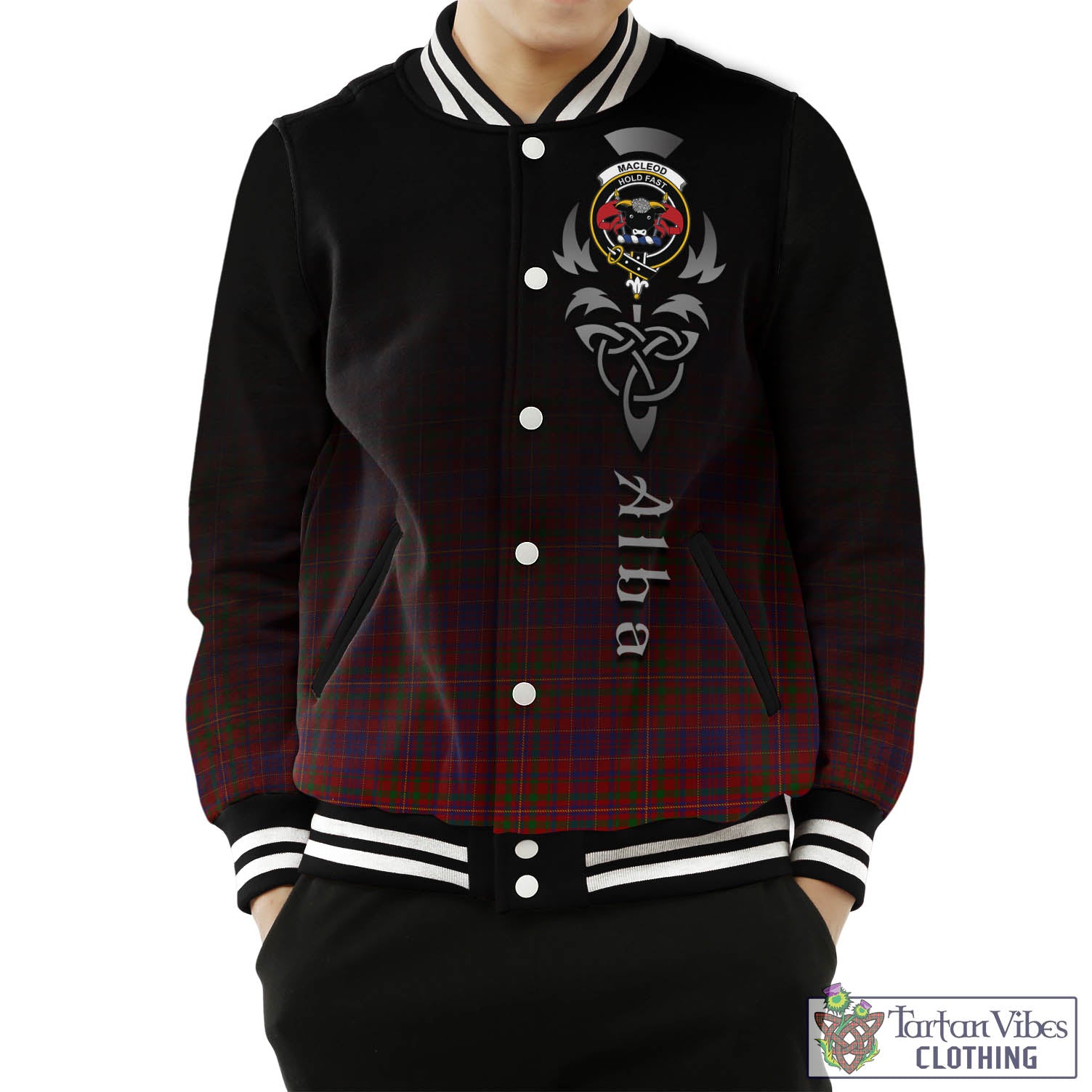 Tartan Vibes Clothing MacLeod Red Tartan Baseball Jacket Featuring Alba Gu Brath Family Crest Celtic Inspired