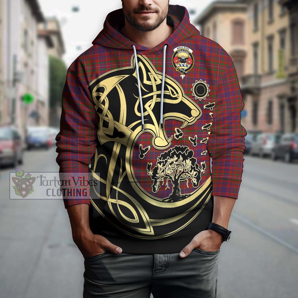 Tartan Vibes Clothing MacLeod Red Tartan Hoodie with Family Crest Celtic Wolf Style