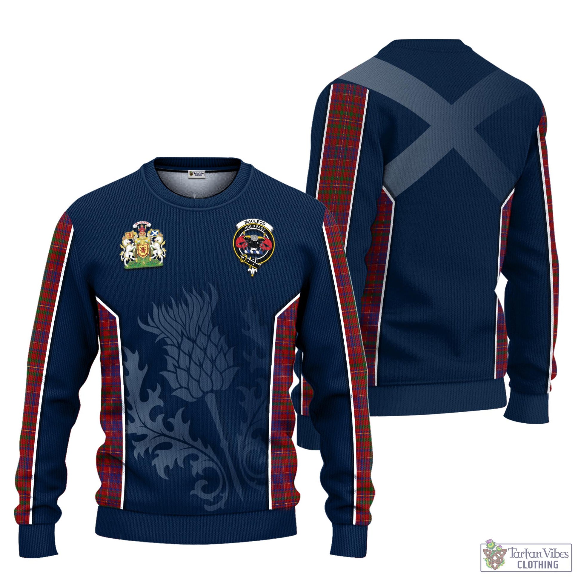 Tartan Vibes Clothing MacLeod Red Tartan Knitted Sweatshirt with Family Crest and Scottish Thistle Vibes Sport Style