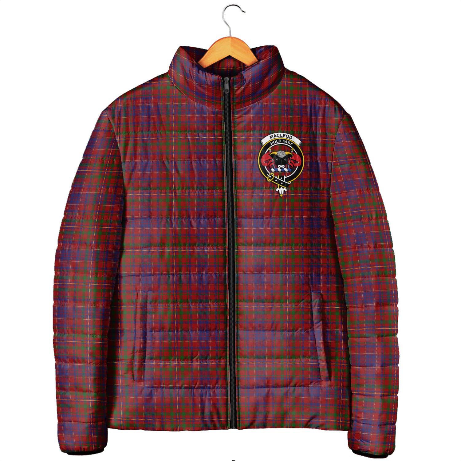 MacLeod Red Tartan Padded Jacket with Family Crest Men's Padded Jacket - Tartan Vibes Clothing