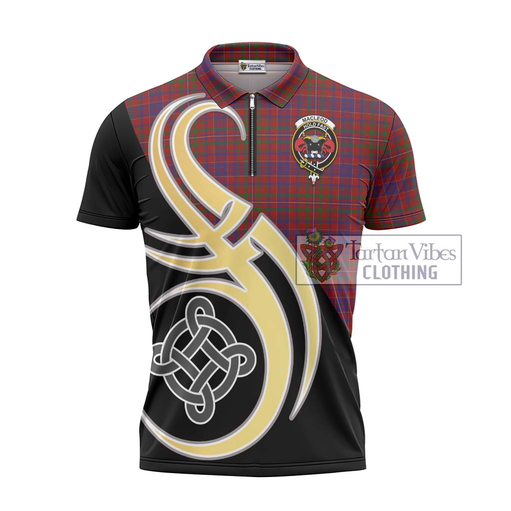 Tartan Vibes Clothing MacLeod Red Tartan Zipper Polo Shirt with Family Crest and Celtic Symbol Style