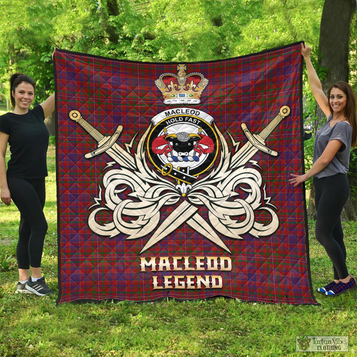 Tartan Vibes Clothing MacLeod Red Tartan Quilt with Clan Crest and the Golden Sword of Courageous Legacy