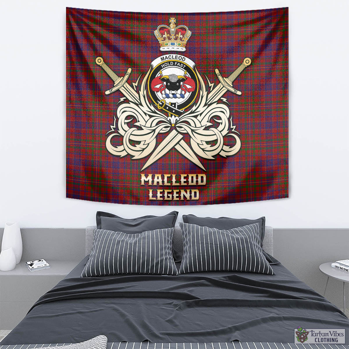 Tartan Vibes Clothing MacLeod Red Tartan Tapestry with Clan Crest and the Golden Sword of Courageous Legacy