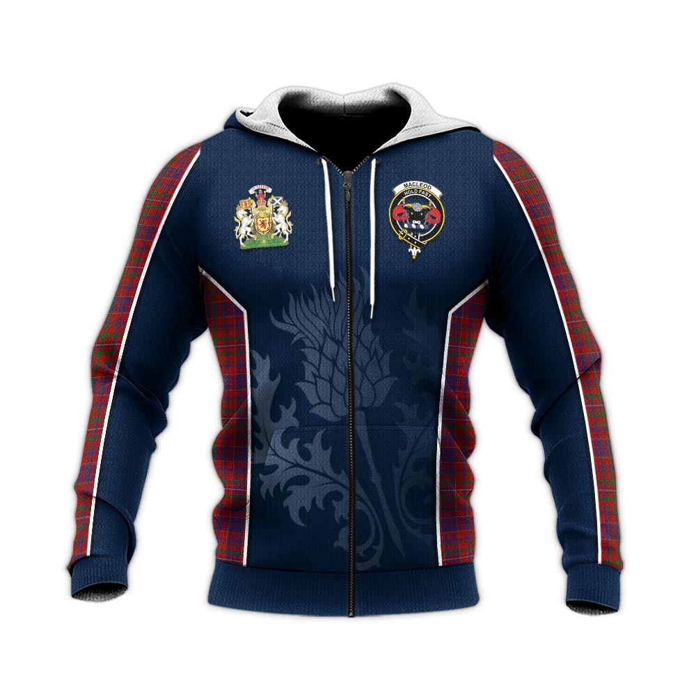 Tartan Vibes Clothing MacLeod Red Tartan Knitted Hoodie with Family Crest and Scottish Thistle Vibes Sport Style