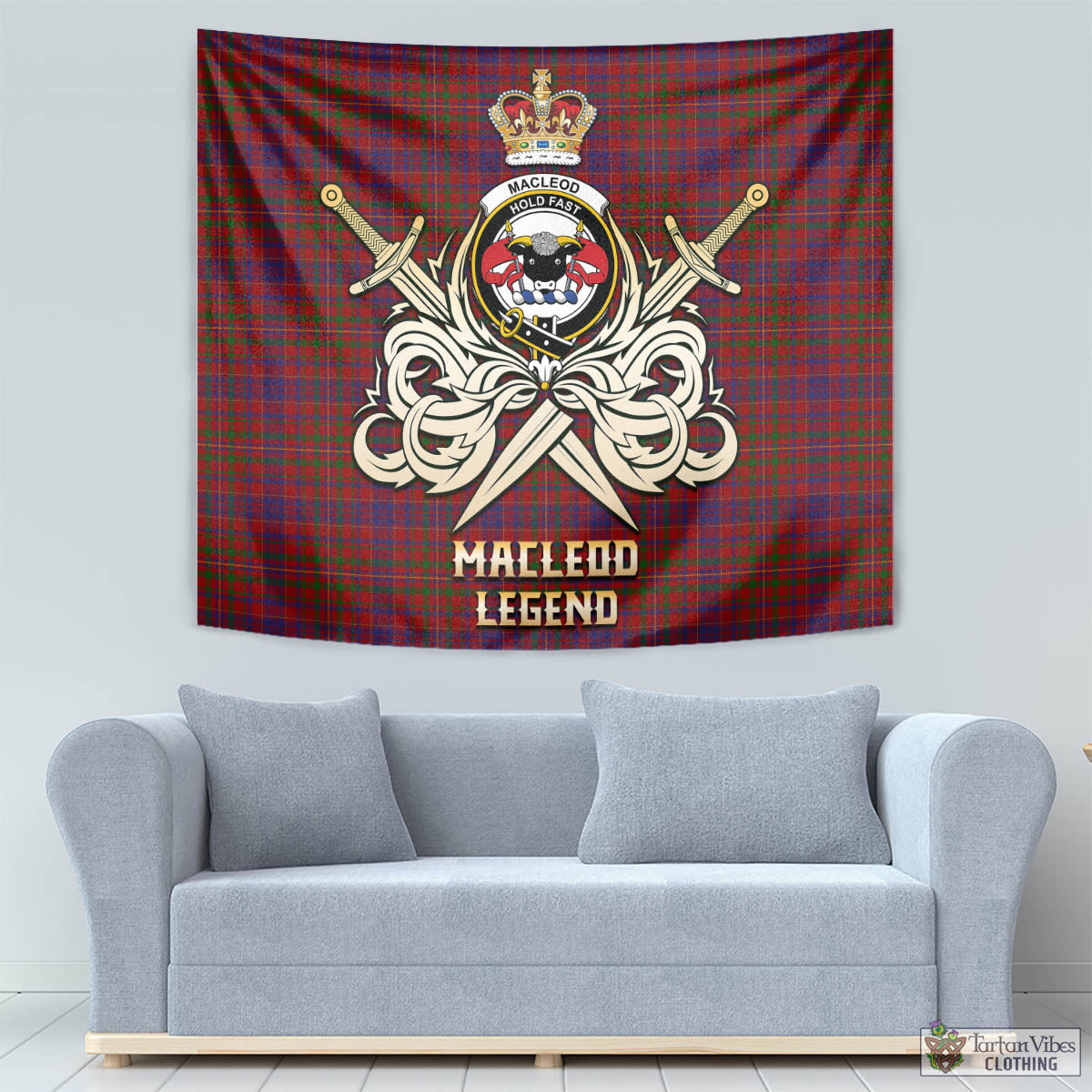 Tartan Vibes Clothing MacLeod Red Tartan Tapestry with Clan Crest and the Golden Sword of Courageous Legacy