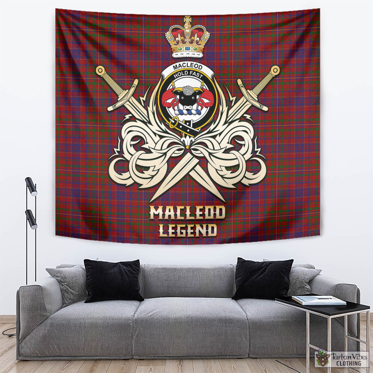 Tartan Vibes Clothing MacLeod Red Tartan Tapestry with Clan Crest and the Golden Sword of Courageous Legacy