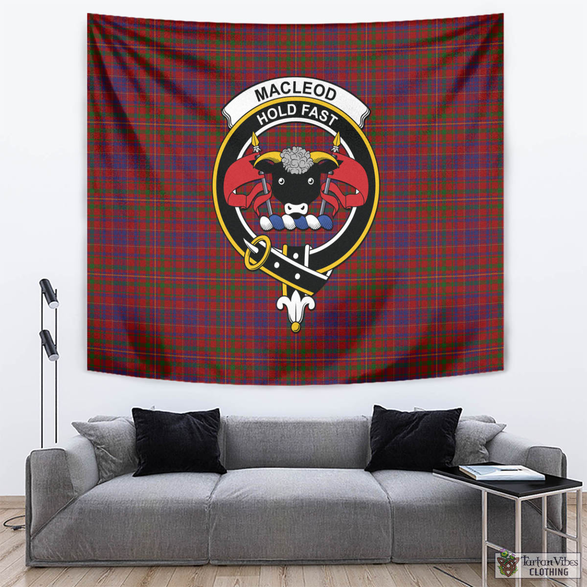 Tartan Vibes Clothing MacLeod Red Tartan Tapestry Wall Hanging and Home Decor for Room with Family Crest