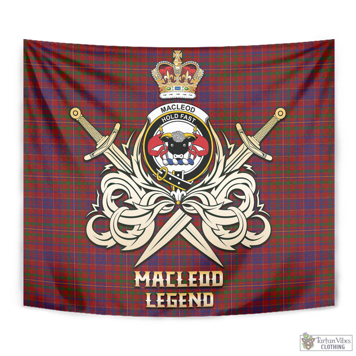 Tartan Vibes Clothing MacLeod Red Tartan Tapestry with Clan Crest and the Golden Sword of Courageous Legacy