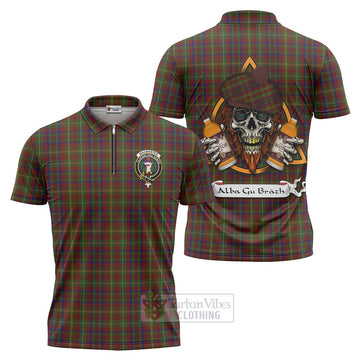 MacMaster (McMaster) Tartan Zipper Polo Shirt with Family Crest and Bearded Skull Holding Bottles of Whiskey Unisex - Tartan Vibes Clothing