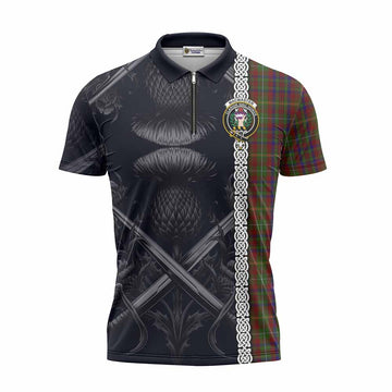 MacMaster (McMaster) Tartan Zipper Polo Shirt with Family Crest Cross Sword Thistle Celtic Vibes Unisex - Tartan Vibes Clothing