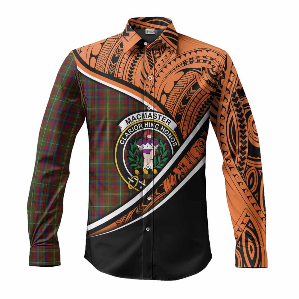 Tartan Vibes Clothing MacMaster (McMaster) Crest Tartan Long Sleeve Button Shirt with Maori Tattoo Style - Orange Version