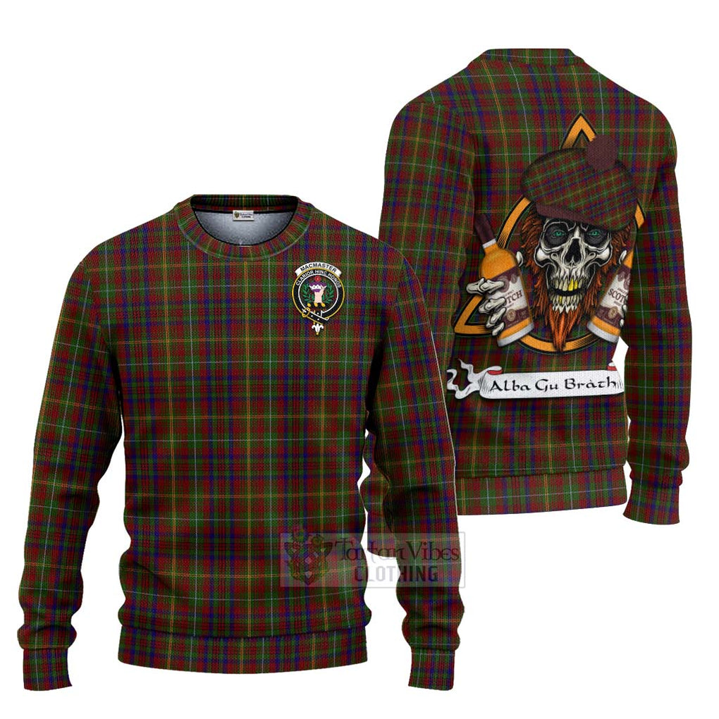 Tartan Vibes Clothing MacMaster (McMaster) Tartan Knitted Sweater with Family Crest and Bearded Skull Holding Bottles of Whiskey