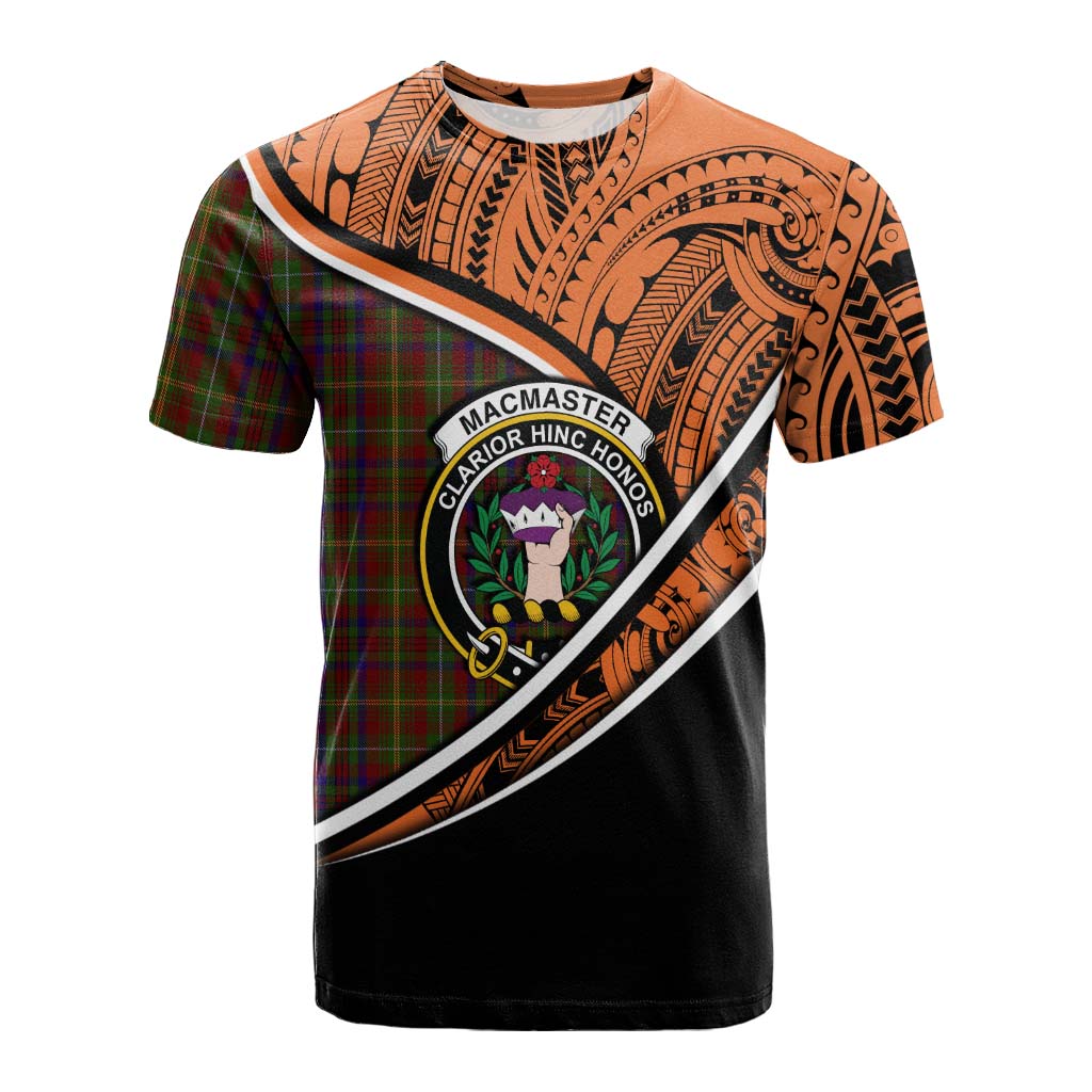 Tartan Vibes Clothing MacMaster (McMaster) Crest Tartan Cotton T-shirt with Maori Tattoo Style - Orange Version