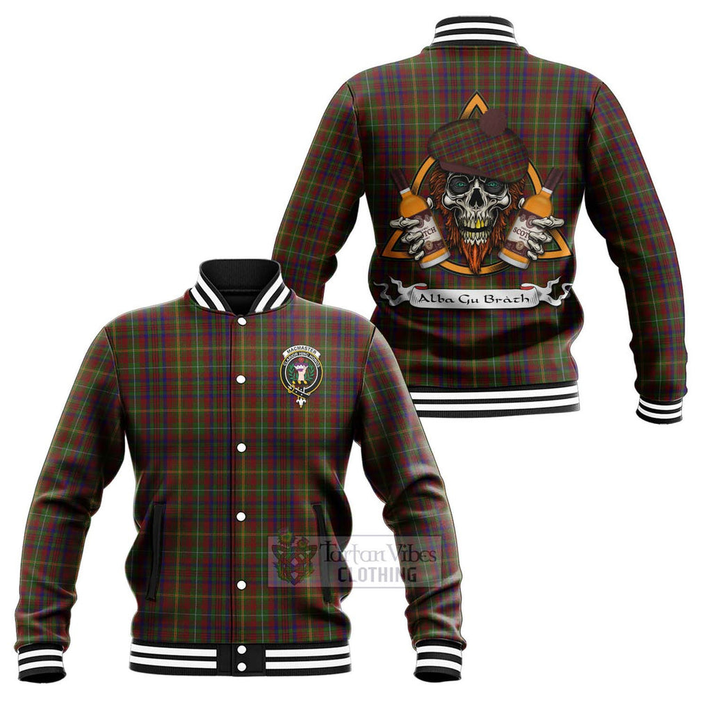 Tartan Vibes Clothing MacMaster (McMaster) Tartan Baseball Jacket with Family Crest and Bearded Skull Holding Bottles of Whiskey