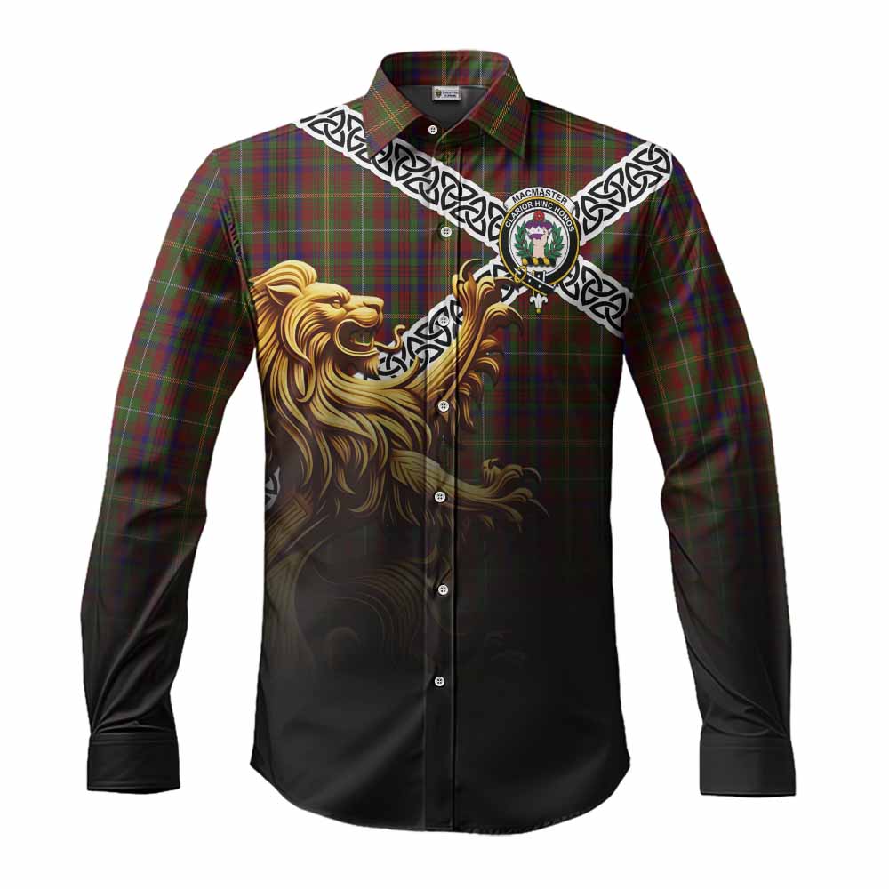 MacMaster (McMaster) Crest Tartan Long Sleeve Button Shirt with Golden Lion Emblem Celtic Style Men's Shirt S - Tartan Vibes Clothing