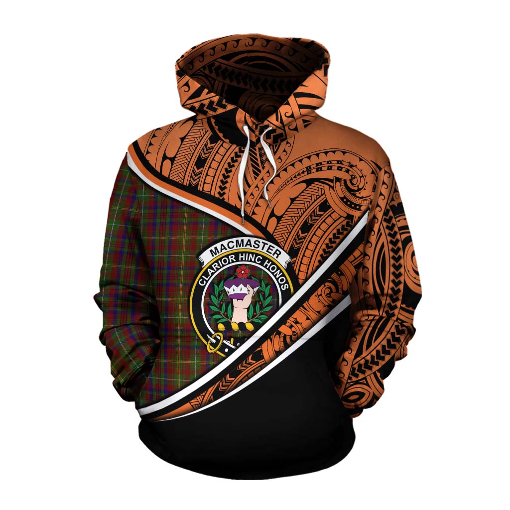 Tartan Vibes Clothing MacMaster (McMaster) Crest Tartan Cotton Hoodie with Maori Tattoo Style - Orange Version