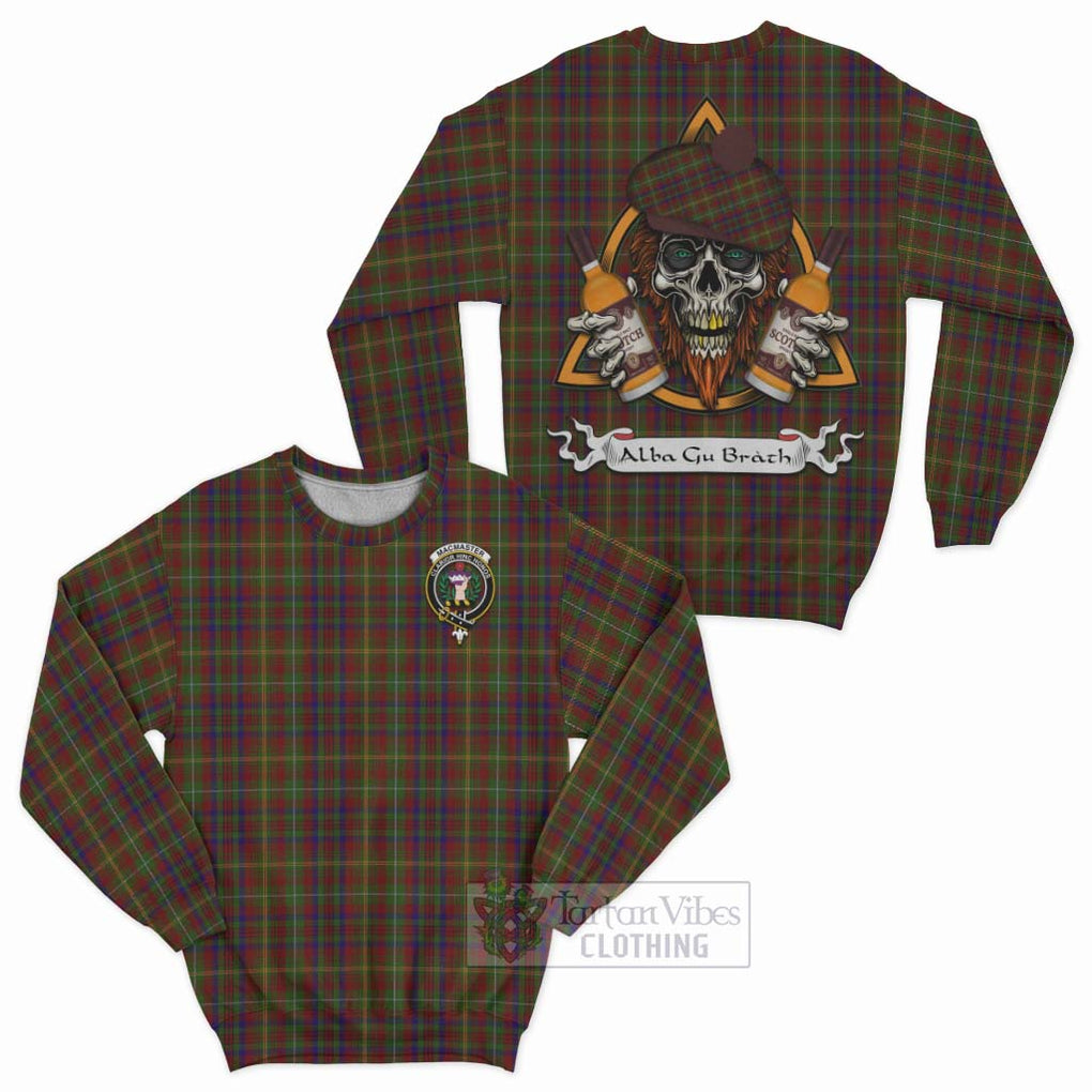 Tartan Vibes Clothing MacMaster (McMaster) Tartan Sweatshirt with Family Crest and Bearded Skull Holding Bottles of Whiskey