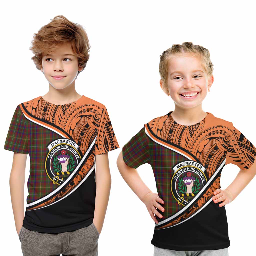 Tartan Vibes Clothing MacMaster (McMaster) Crest Tartan Kid T-Shirt with Maori Tattoo Style - Orange Version