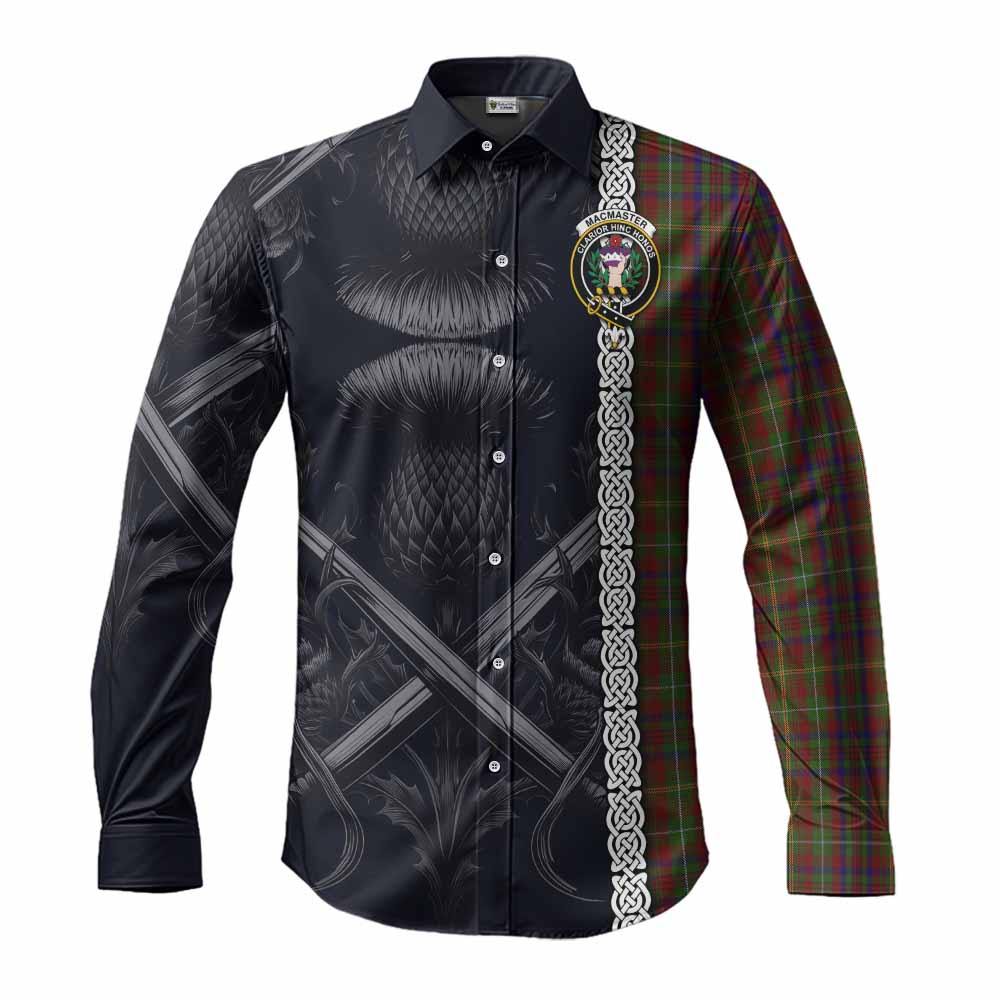 MacMaster (McMaster) Tartan Long Sleeve Button Shirt with Family Crest Cross Sword Thistle Celtic Vibes Men's Shirt S - Tartan Vibes Clothing