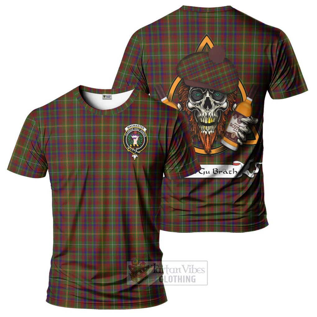 Tartan Vibes Clothing MacMaster (McMaster) Tartan T-Shirt with Family Crest and Bearded Skull Holding Bottles of Whiskey