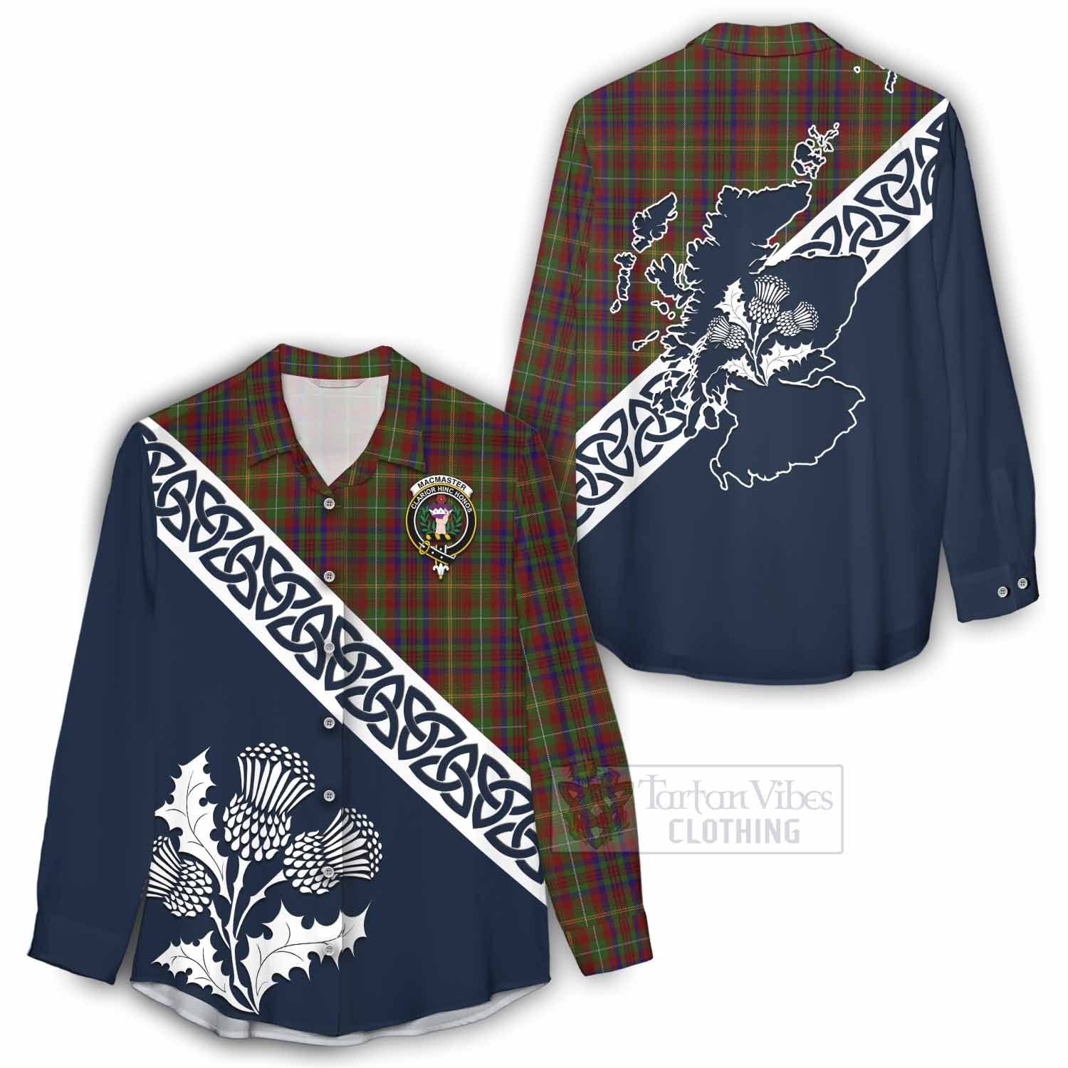 Tartan Vibes Clothing MacMaster (McMaster) Tartan Women's Casual Shirt Featuring Thistle and Scotland Map