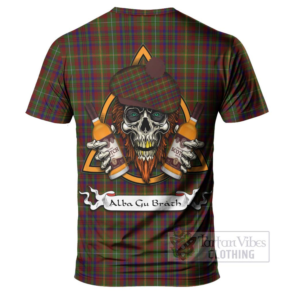 Tartan Vibes Clothing MacMaster (McMaster) Tartan T-Shirt with Family Crest and Bearded Skull Holding Bottles of Whiskey