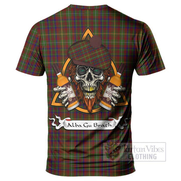 MacMaster (McMaster) Tartan T-Shirt with Family Crest and Bearded Skull Holding Bottles of Whiskey