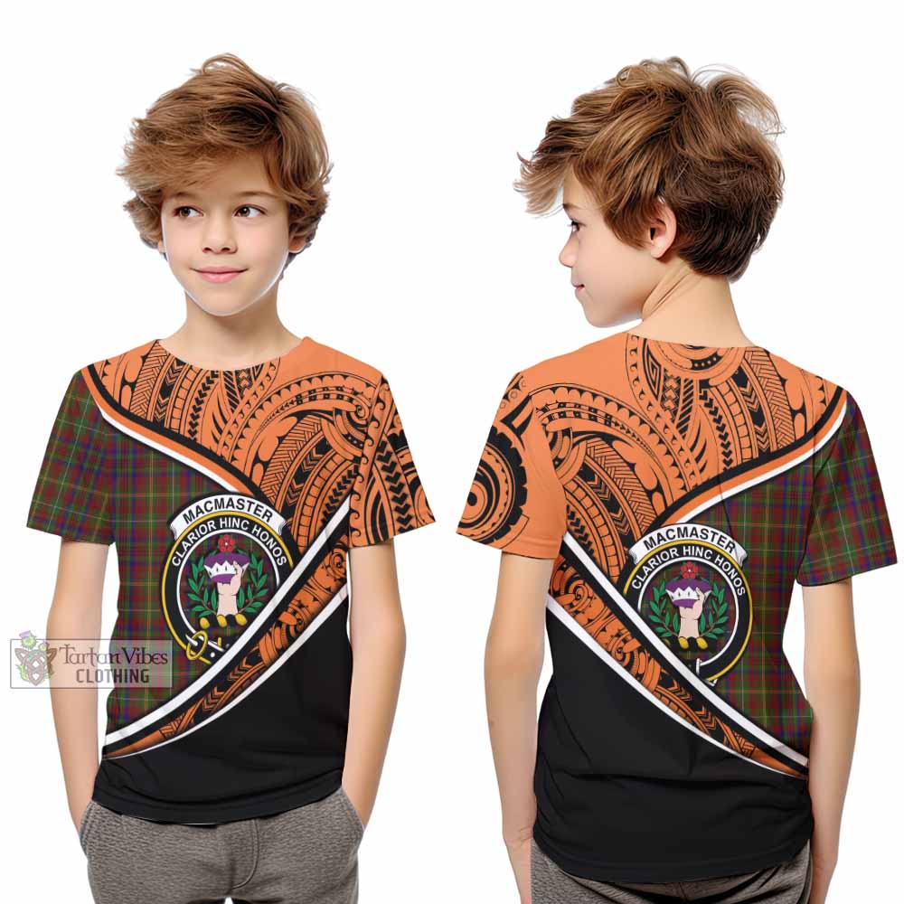 Tartan Vibes Clothing MacMaster (McMaster) Crest Tartan Kid T-Shirt with Maori Tattoo Style - Orange Version