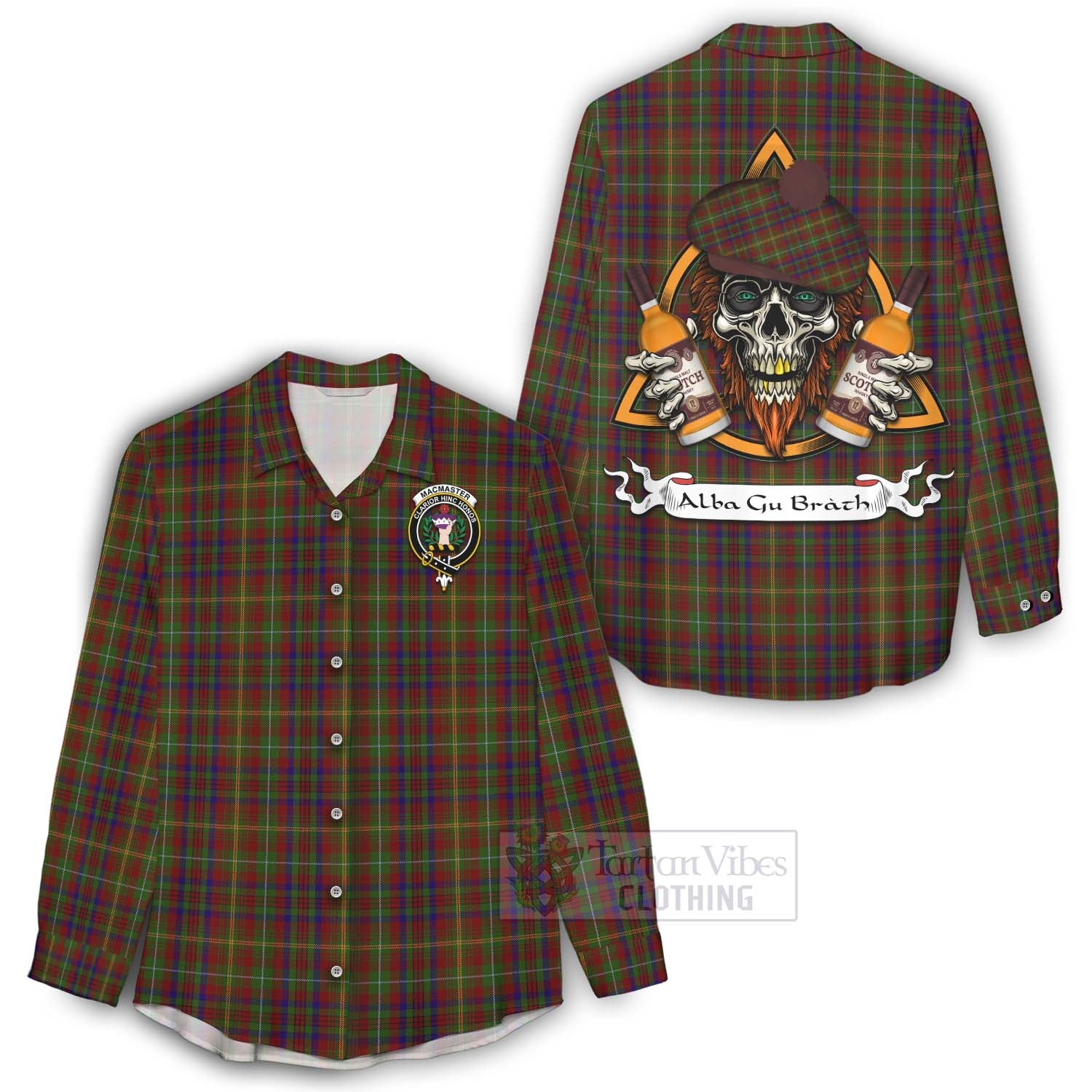 Tartan Vibes Clothing MacMaster (McMaster) Tartan Women's Casual Shirt with Family Crest and Bearded Skull Holding Bottles of Whiskey