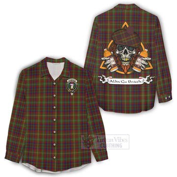 MacMaster (McMaster) Tartan Women's Casual Shirt with Family Crest and Bearded Skull Holding Bottles of Whiskey