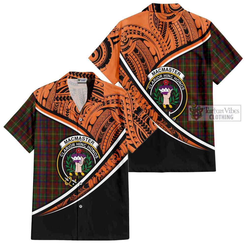 Tartan Vibes Clothing MacMaster (McMaster) Crest Tartan Short Sleeve Button Shirt with Maori Tattoo Style - Orange Version