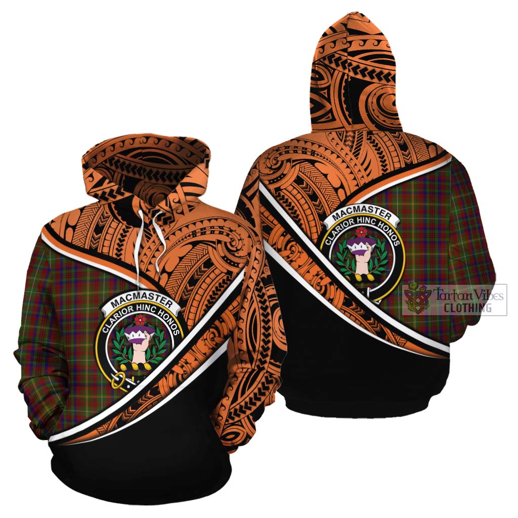 Tartan Vibes Clothing MacMaster (McMaster) Crest Tartan Cotton Hoodie with Maori Tattoo Style - Orange Version