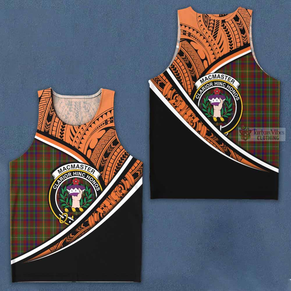 Tartan Vibes Clothing MacMaster (McMaster) Crest Tartan Men's Tank Top with Maori Tattoo Style - Orange Version