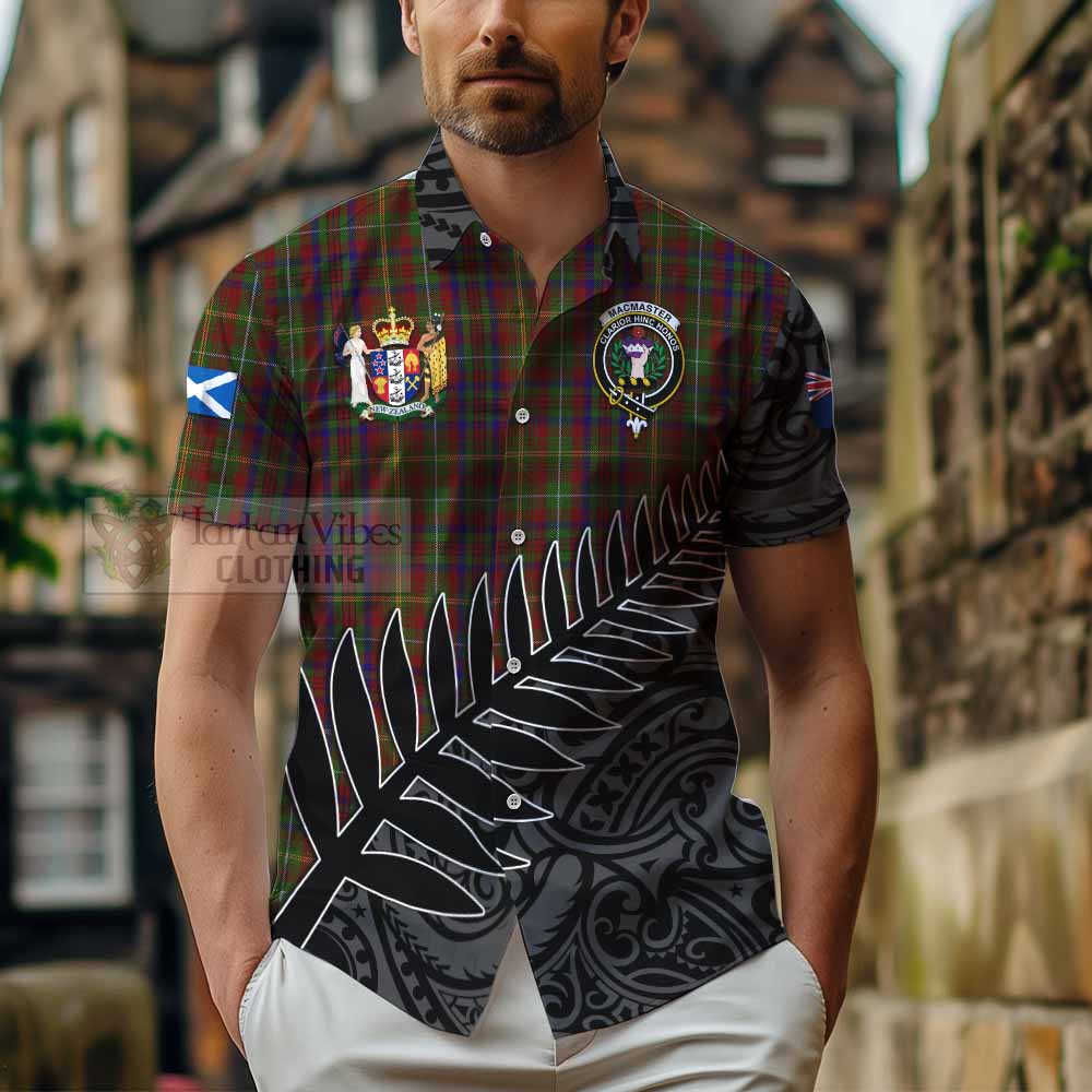 Tartan Vibes Clothing MacMaster (McMaster) Crest Tartan Short Sleeve Button Shirt with New Zealand Silver Fern Half Style