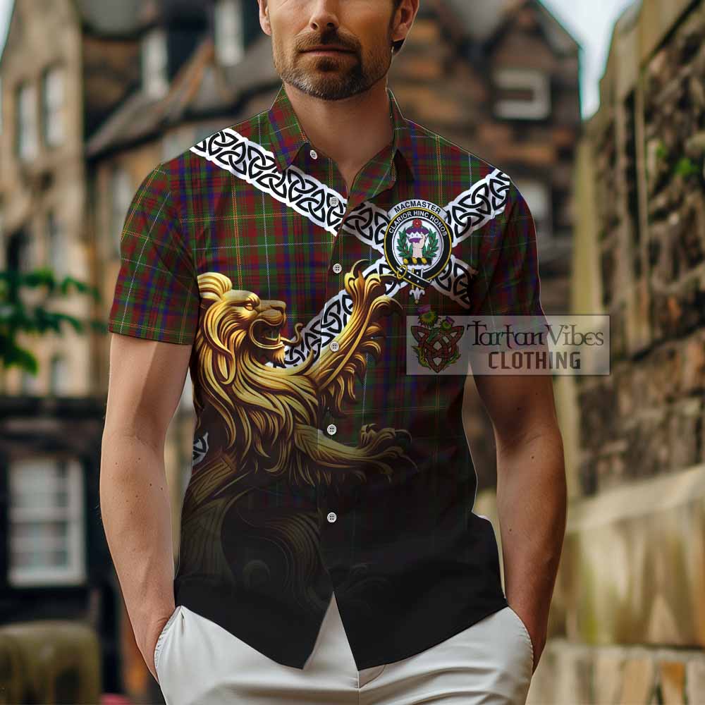 MacMaster (McMaster) Crest Tartan Hawaiian Shirt with Golden Lion Emblem Celtic Style - Tartan Vibes Clothing
