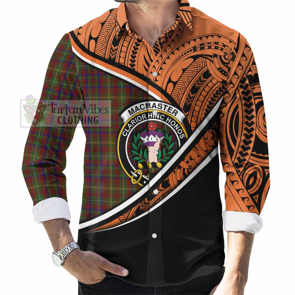 Tartan Vibes Clothing MacMaster (McMaster) Crest Tartan Long Sleeve Button Shirt with Maori Tattoo Style - Orange Version