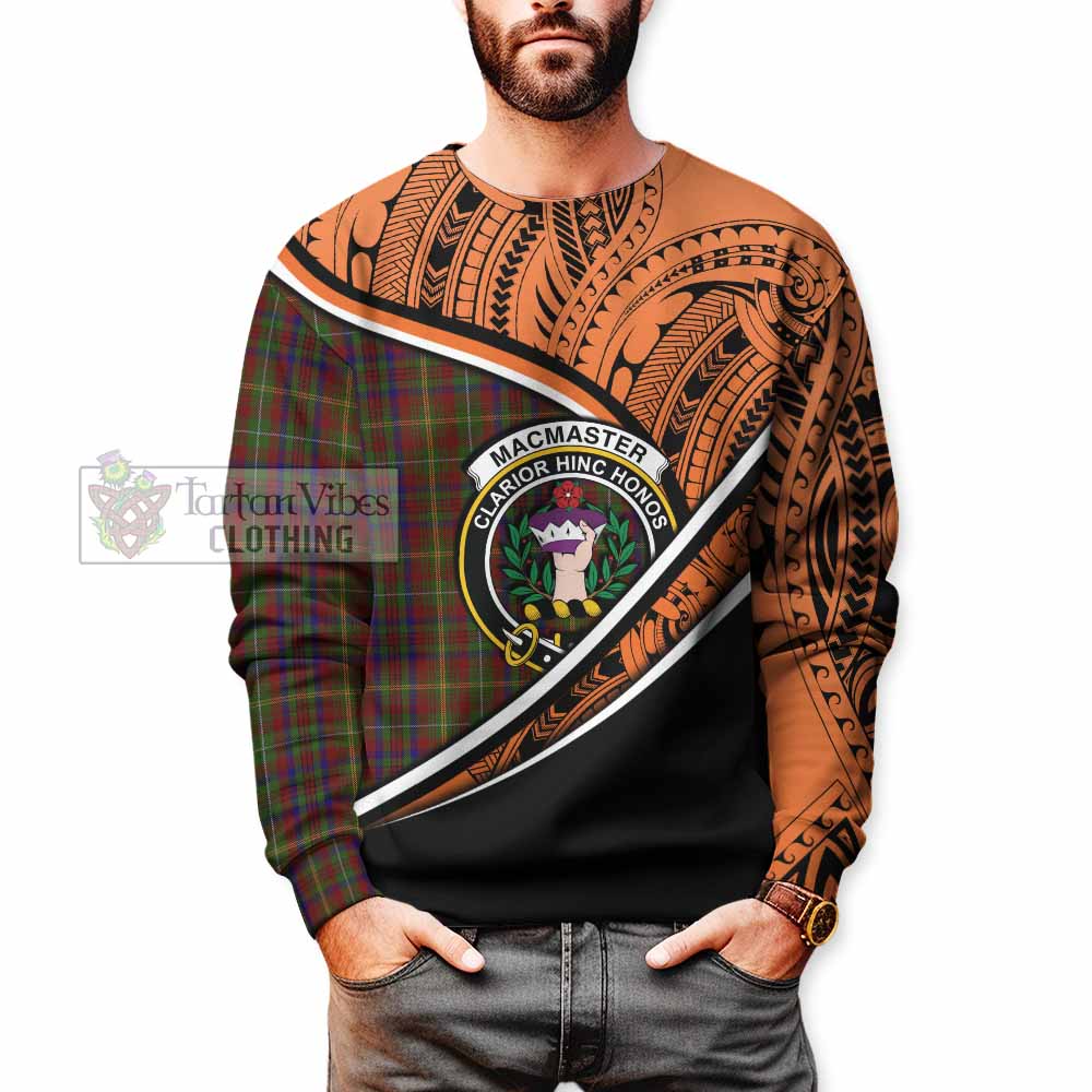 Tartan Vibes Clothing MacMaster (McMaster) Crest Tartan Sweatshirt with Maori Tattoo Style - Orange Version