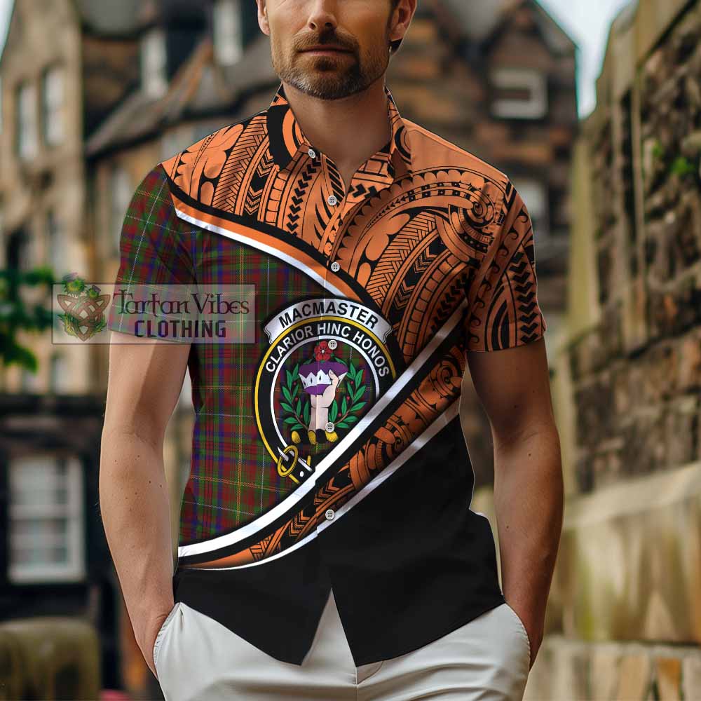 Tartan Vibes Clothing MacMaster (McMaster) Crest Tartan Short Sleeve Button Shirt with Maori Tattoo Style - Orange Version