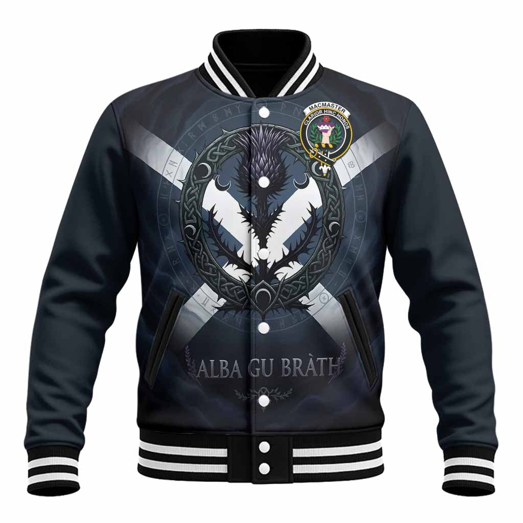 MacMaster (McMaster) Clan Crest Baseball Jacket with Celtic Knot Thistle and Saltire Unisex - Tartan Vibes Clothing