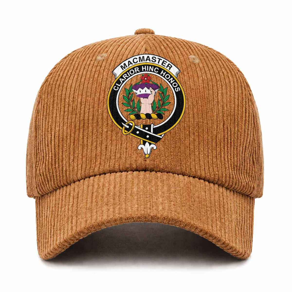 MacMaster (McMaster) Scottish Clan Crest Corduroy Baseball Cap One Size (Adjustable) Camel - Tartan Vibes Clothing