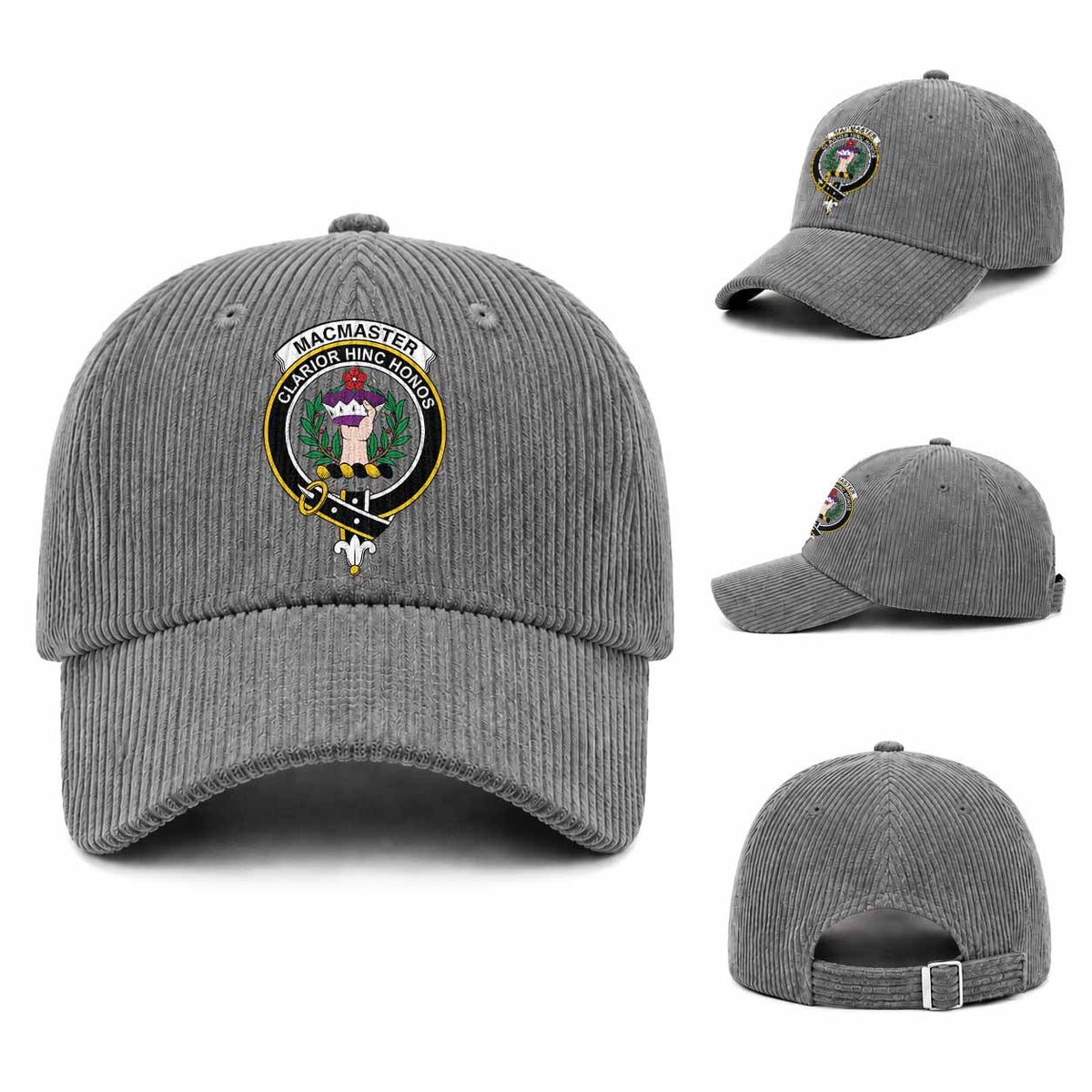 MacMaster (McMaster) Scottish Clan Crest Corduroy Baseball Cap One Size (Adjustable) Gray - Tartan Vibes Clothing