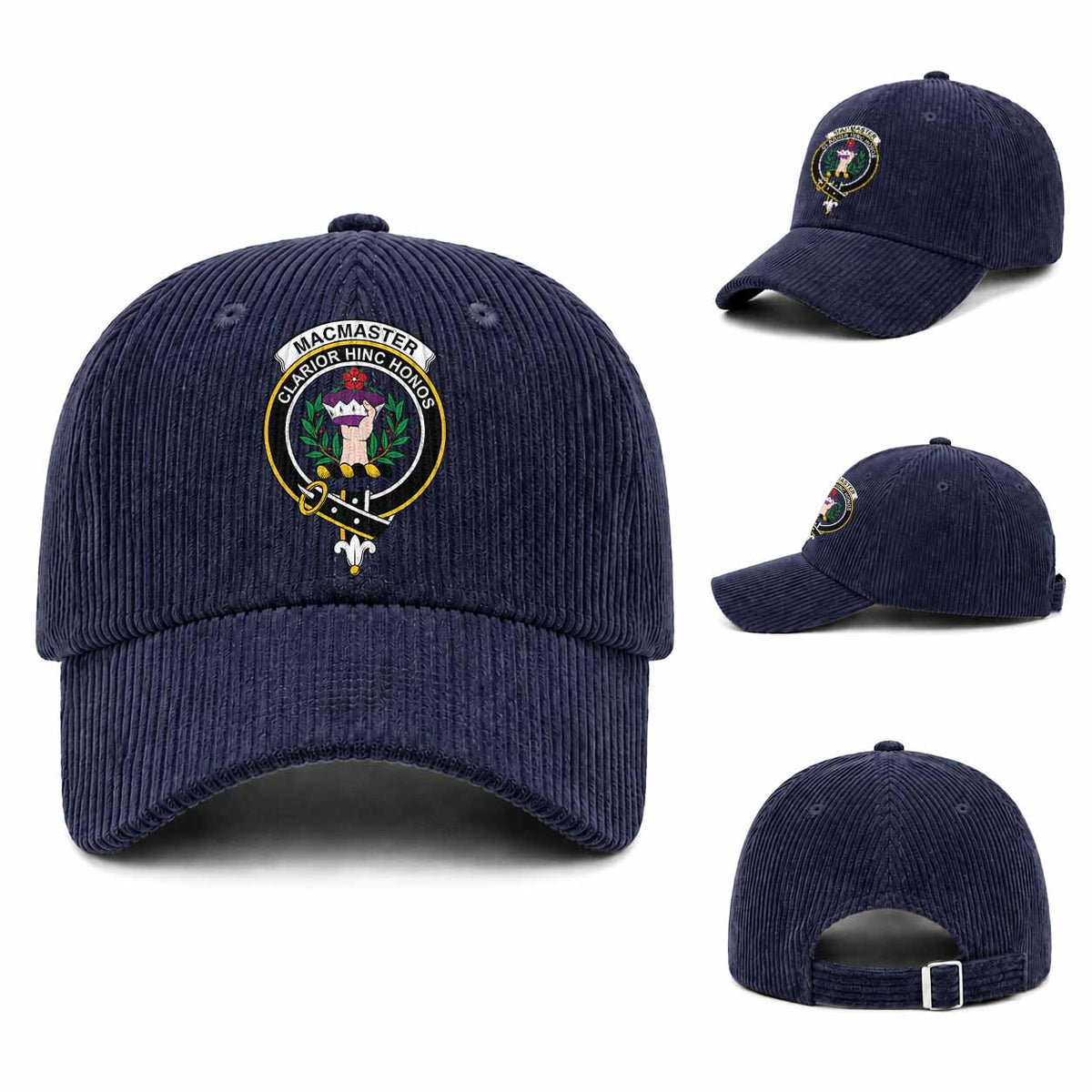 MacMaster (McMaster) Scottish Clan Crest Corduroy Baseball Cap One Size (Adjustable) Navy - Tartan Vibes Clothing