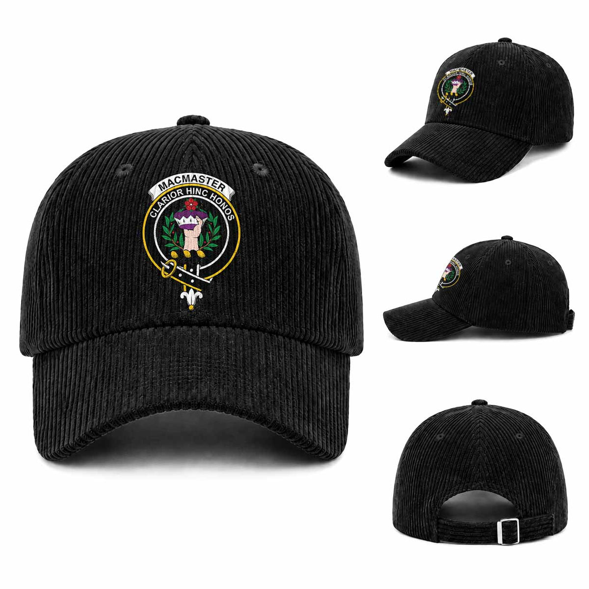 MacMaster (McMaster) Scottish Clan Crest Corduroy Baseball Cap One Size (Adjustable) Black - Tartan Vibes Clothing