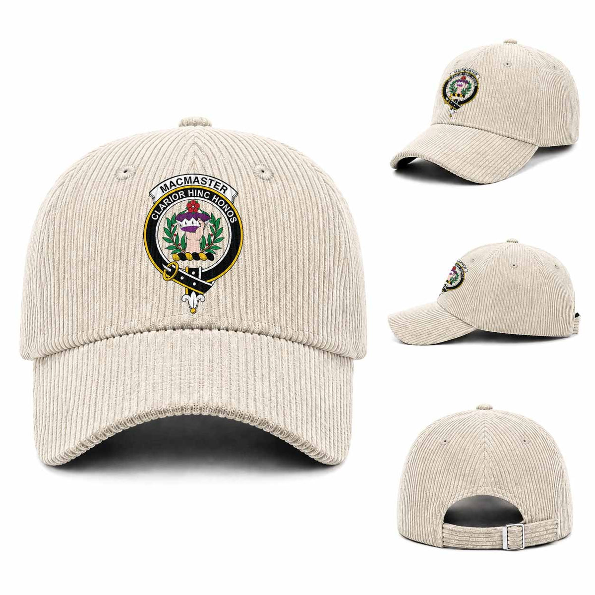 MacMaster (McMaster) Scottish Clan Crest Corduroy Baseball Cap One Size (Adjustable) Ivory - Tartan Vibes Clothing