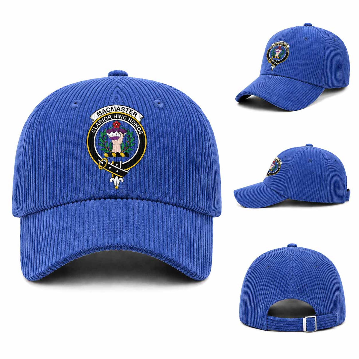 MacMaster (McMaster) Scottish Clan Crest Corduroy Baseball Cap One Size (Adjustable) Royal Blue - Tartan Vibes Clothing