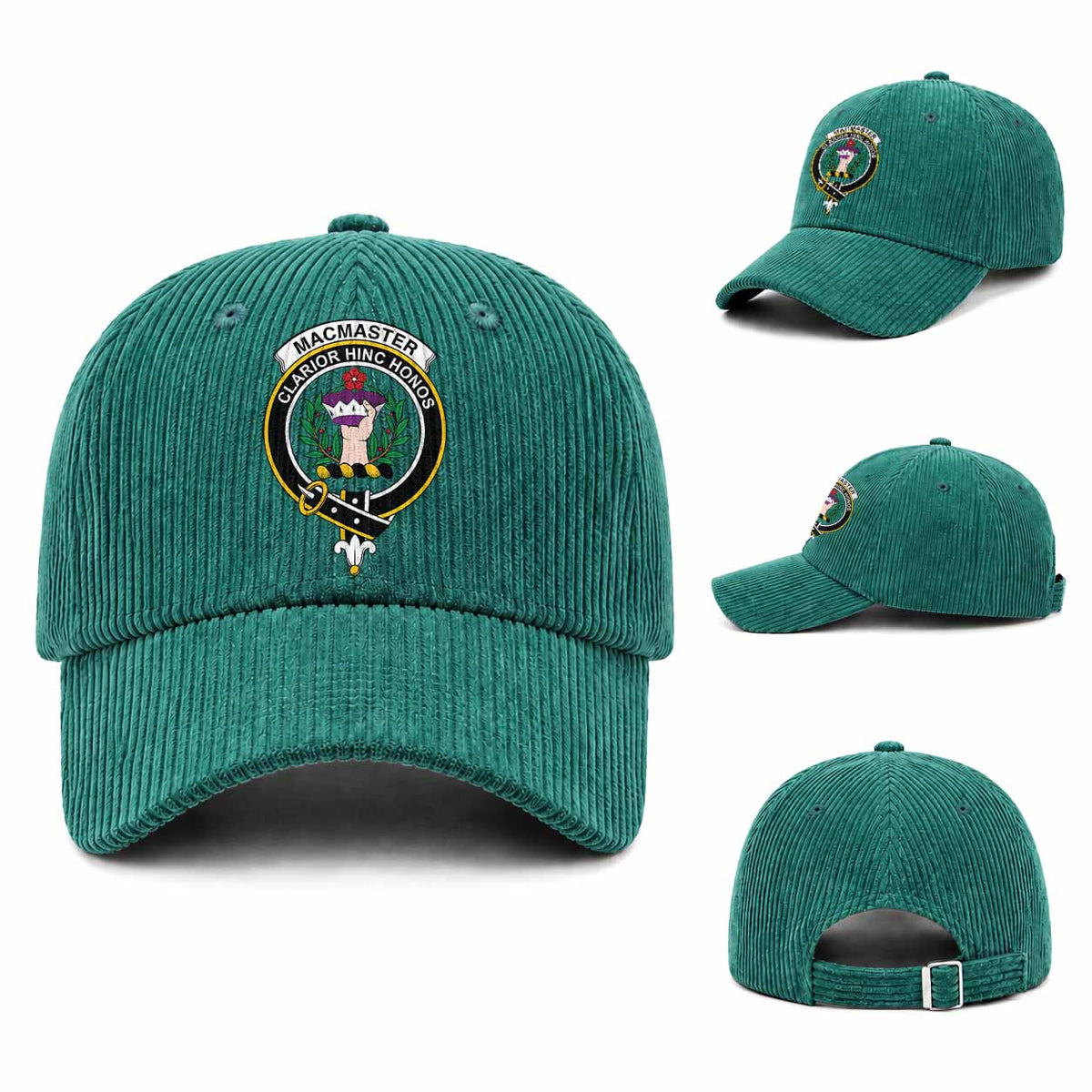 MacMaster (McMaster) Scottish Clan Crest Corduroy Baseball Cap One Size (Adjustable) Teal Green - Tartan Vibes Clothing