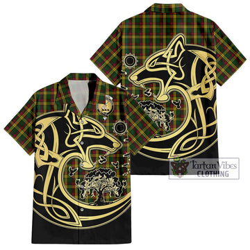 MacMillan (McMillan) Tartan Short Sleeve Button Shirt with Family Crest Celtic Wolf Style