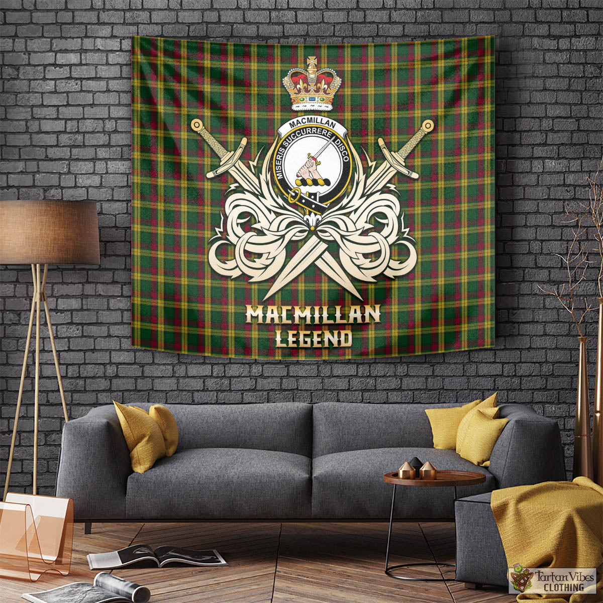 Tartan Vibes Clothing MacMillan Ancient Tartan Tapestry with Clan Crest and the Golden Sword of Courageous Legacy